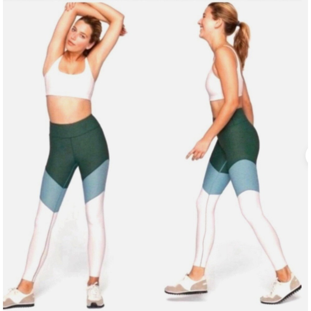 OUTDOOR VOICES WOMEN'S COLORBLOCK LEGGINGS GREEN BLUE WHITE STRETCH - Sz LARGE - Picture 1 of 5